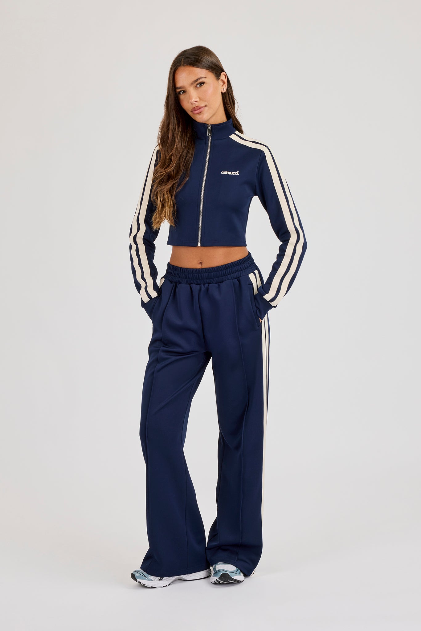 Fitted Taping Track Top & Wide Leg Track Pant - Navy Blue